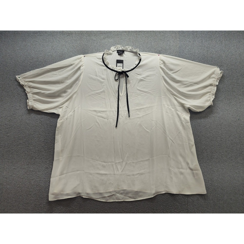 City Chic Women Tops XXL Cream Ribbon Tie Neck Ruffle Trim Short Sleeve Outdoor